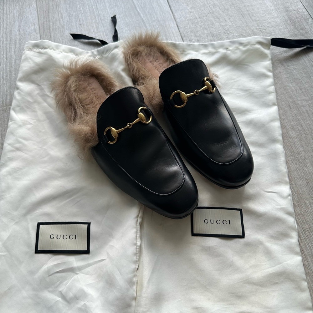 Gucci Princetown Fur Lined Leather Gold Horsebit Mules